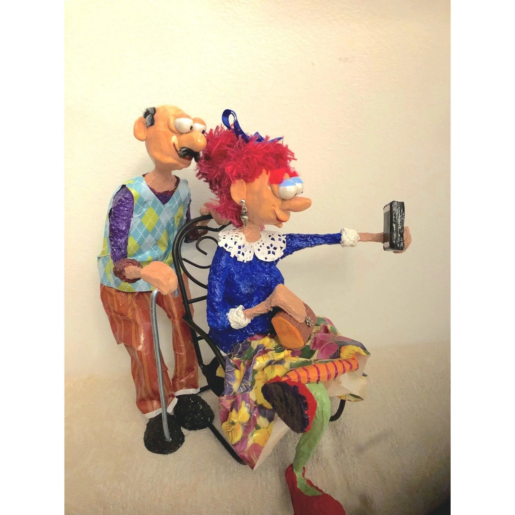 The Couple Taking a Selfie Art in Paper Mache Humorous Whimsical Sculptures by Naava Naslavsky