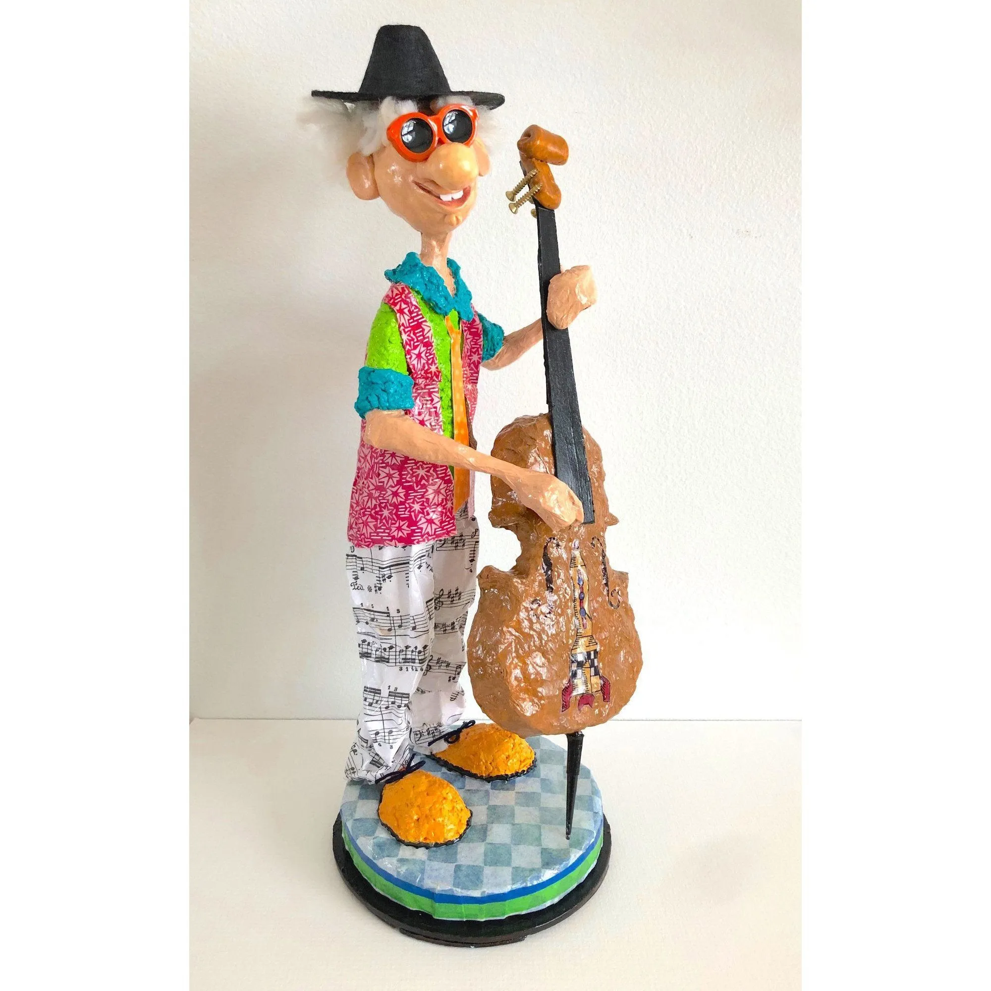 The Jazz Bass Player Musician Art in Paper Mache Humorous Whimsical Sculptures by Naava Naslavsky