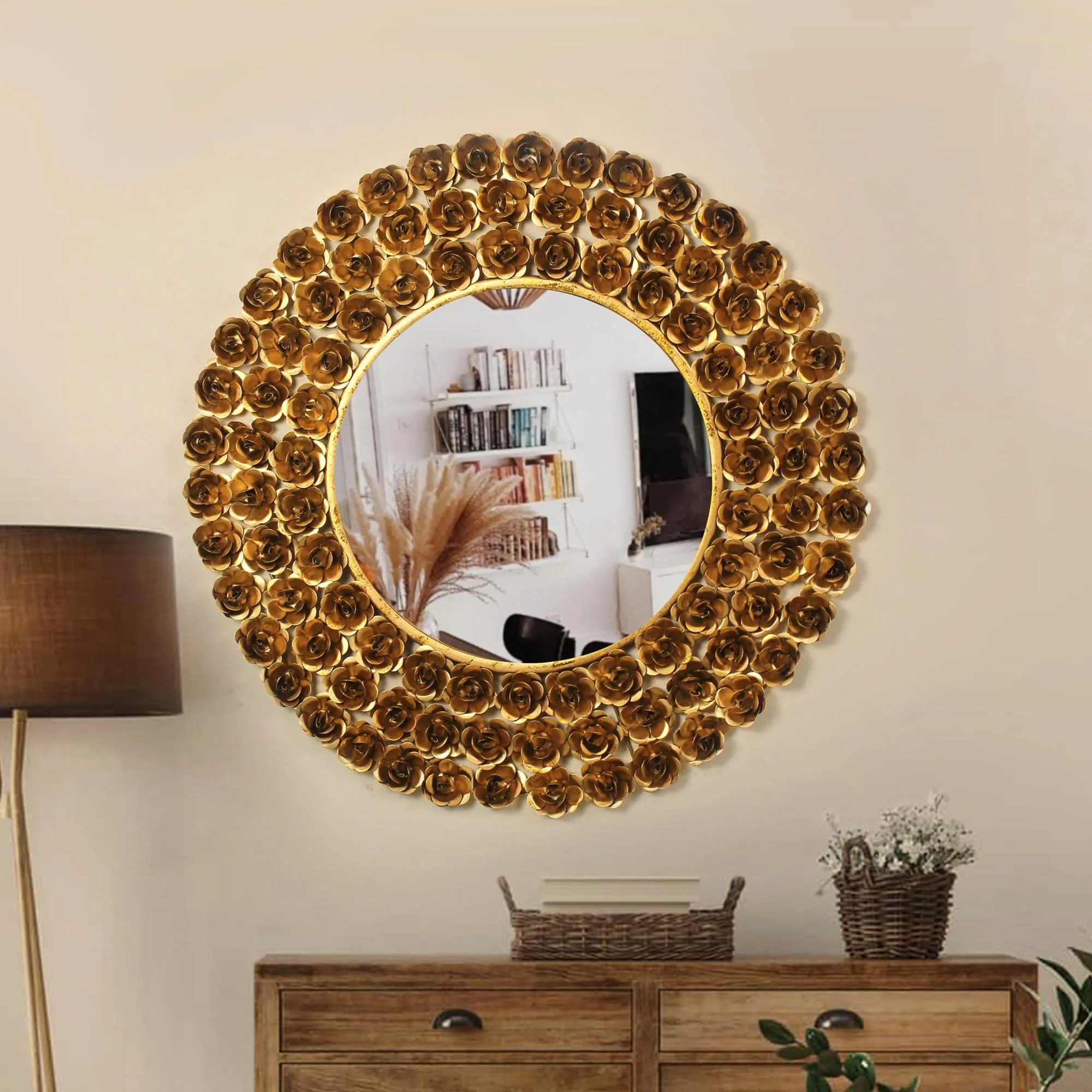 TIED RIBBONS Wall Mirror Mounted Hanging Metal Rose Framed Round Mirror for Home Decor Living Room Bedroom Bathroom Wash Basin Drawing Room Decoration Items (Gold, 68.5 cm)