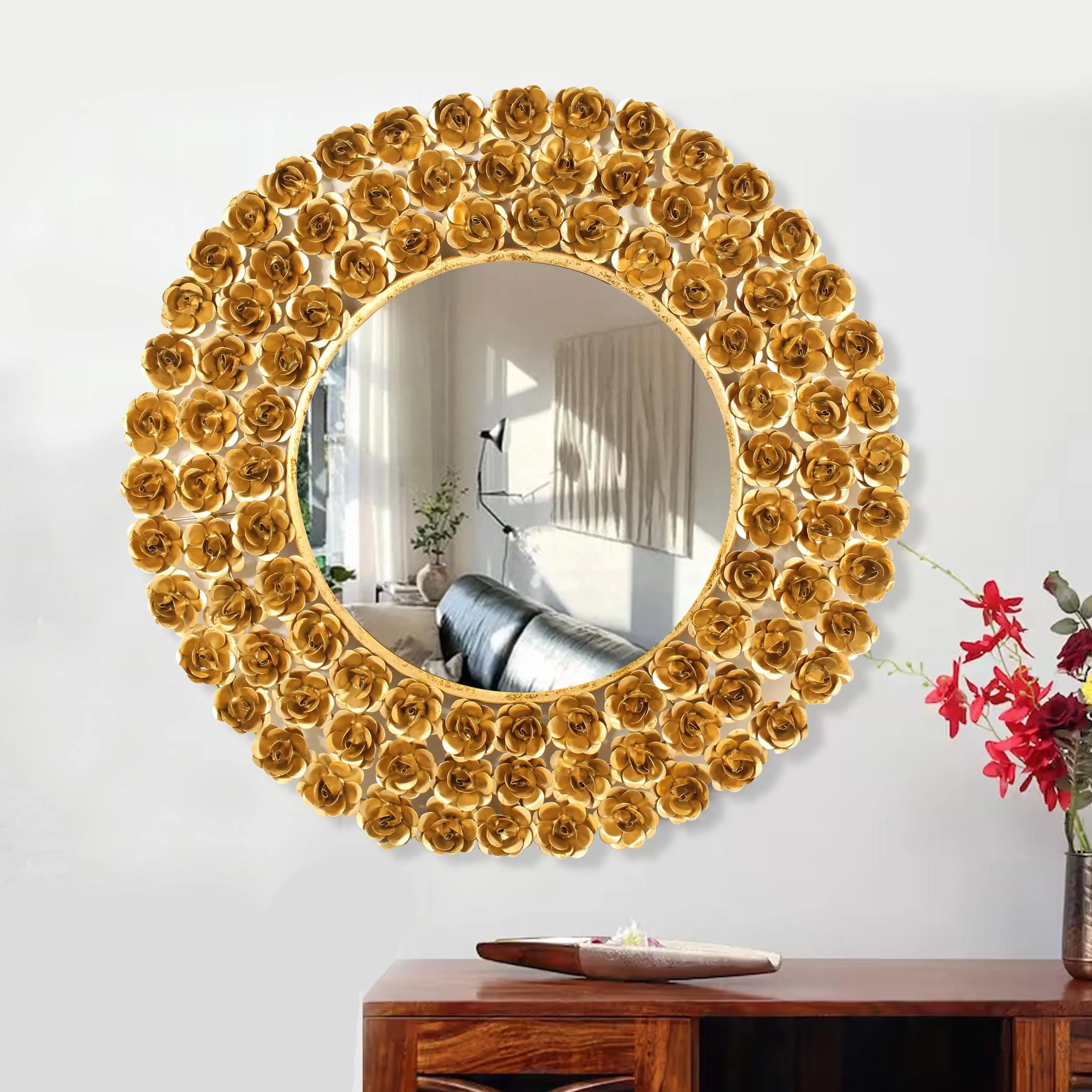 TIED RIBBONS Wall Mirror Mounted Hanging Metal Rose Framed Round Mirror for Home Decor Living Room Bedroom Bathroom Wash Basin Drawing Room Decoration Items (Gold, 68.5 cm)