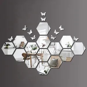 Wall1ders 14, Hexagon Mirror Stickers for Wall, Mirror Stickers for Wall, Acrylic Stickers, Wall Mirror Stickers, Wall Stickers for Bedroom, Hall, Home Offices (Silver), Self Adhesive