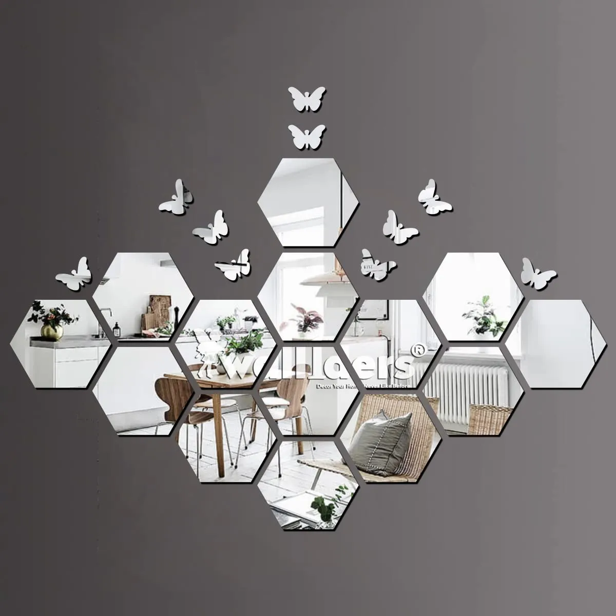 Wall1ders 14, Hexagon Mirror Stickers for Wall, Mirror Stickers for Wall, Acrylic Stickers, Wall Mirror Stickers, Wall Stickers for Bedroom, Hall, Home Offices (Silver), Self Adhesive