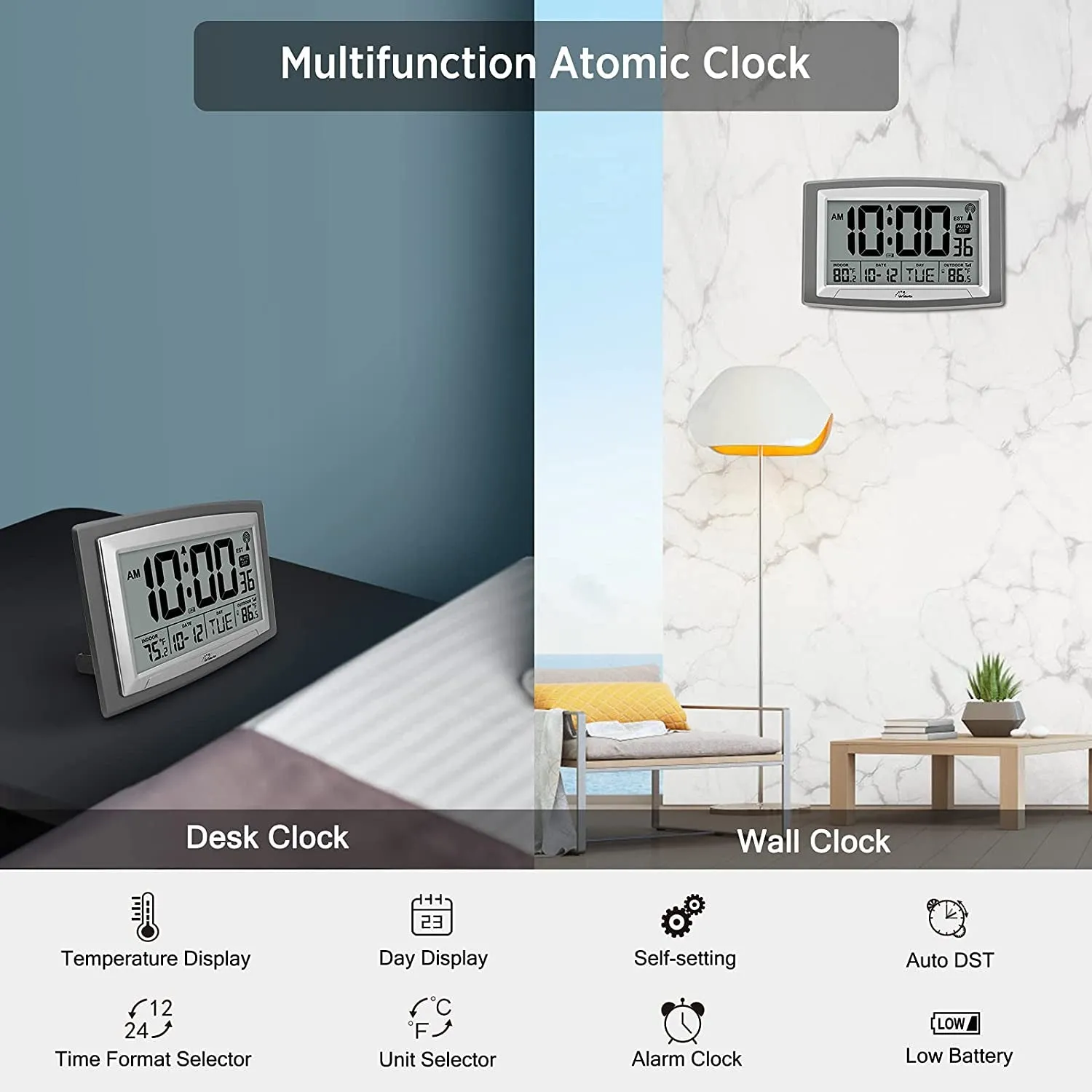 Wallarge Atomic Clock with Outdoor and Indoor Temperature - 12.5 Inch Self-Setting Digital Clock Large Display, Battery Operated Wall Clocks or Desk Clocks for Bedroom, Livingroom, Office