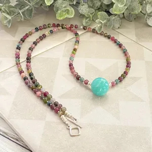 Watermelon tourmaline and amazonite pendant necklace