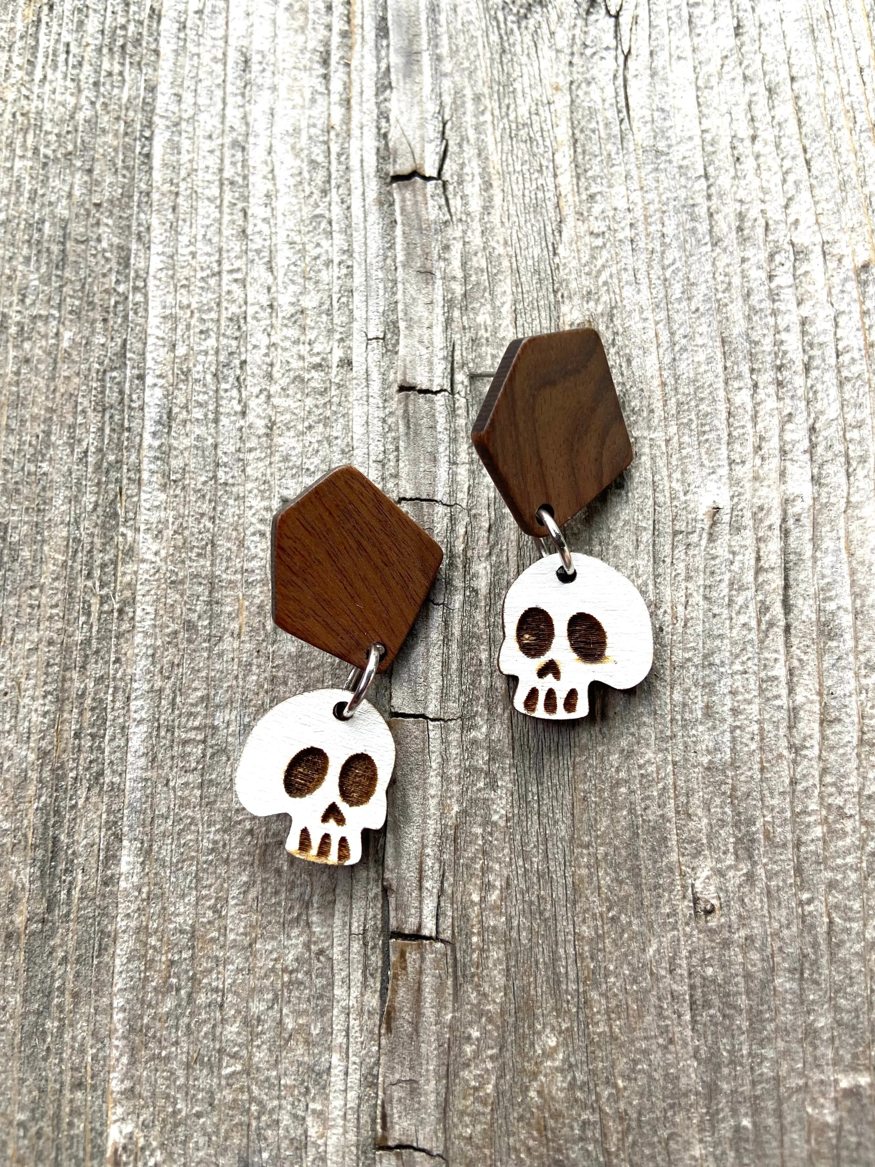 Wooden Skull Earrings , Laser Cut - Gothic Halloween Skeleton Jewelry