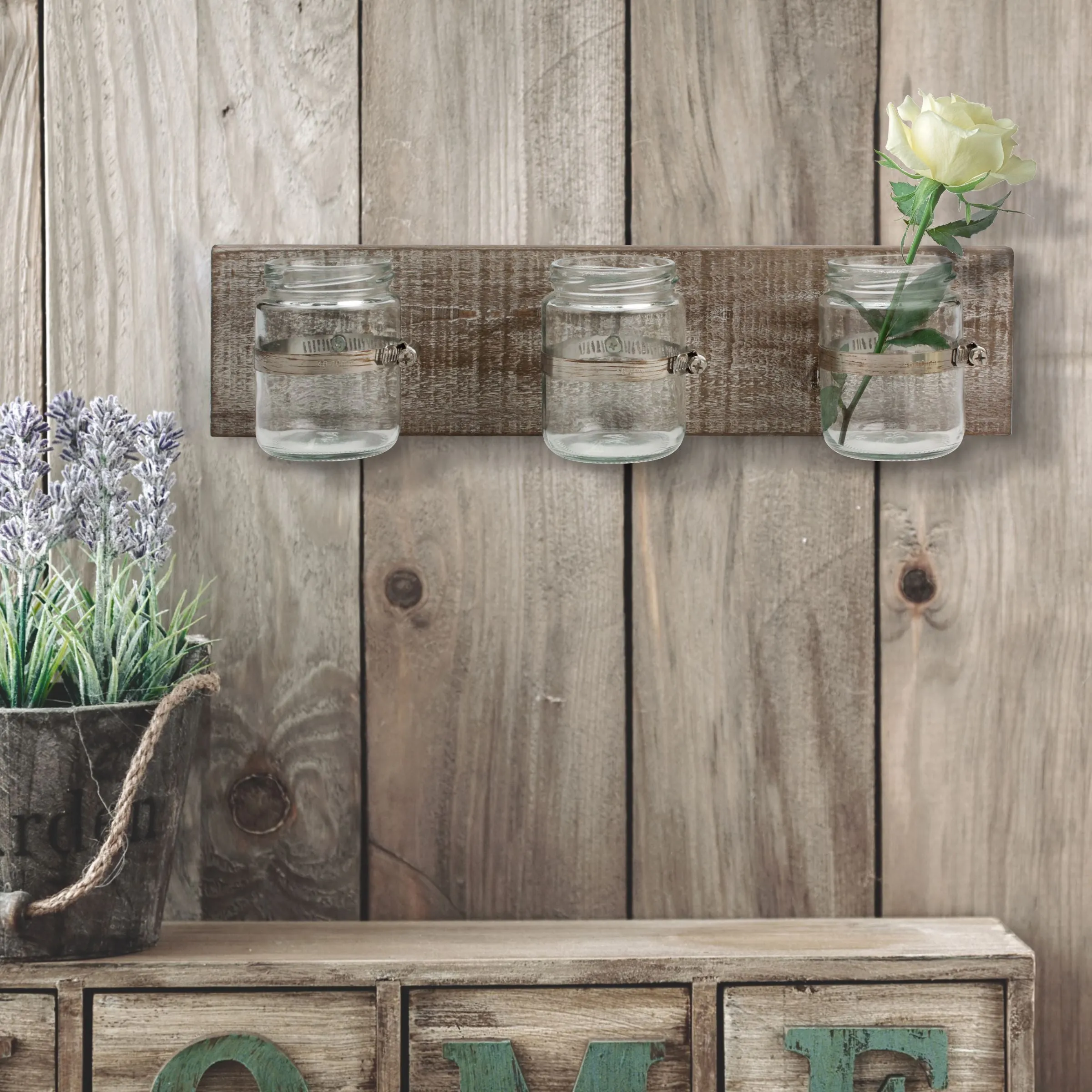 Worn Wood Wall Decor with 3 Glass Containers