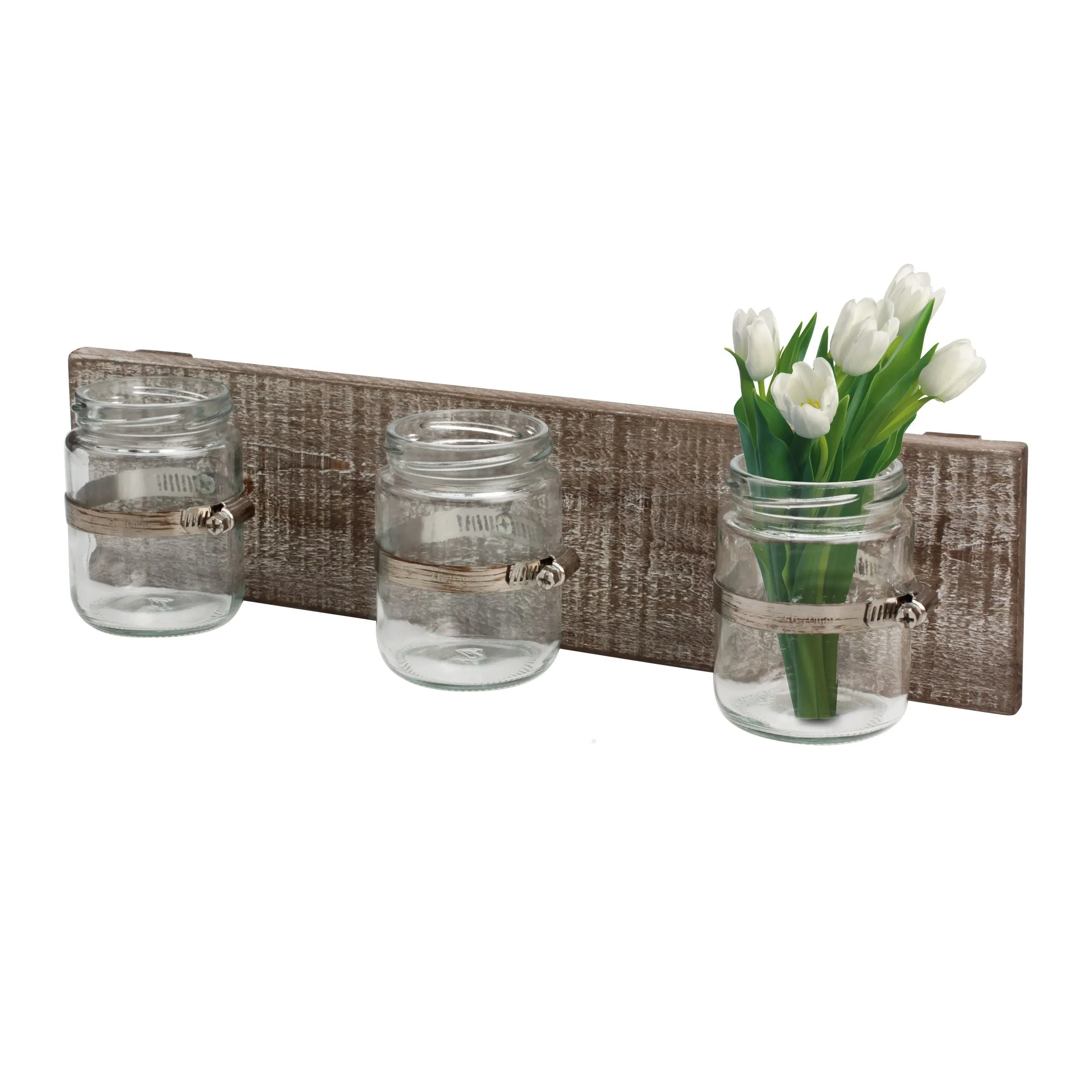 Worn Wood Wall Decor with 3 Glass Containers