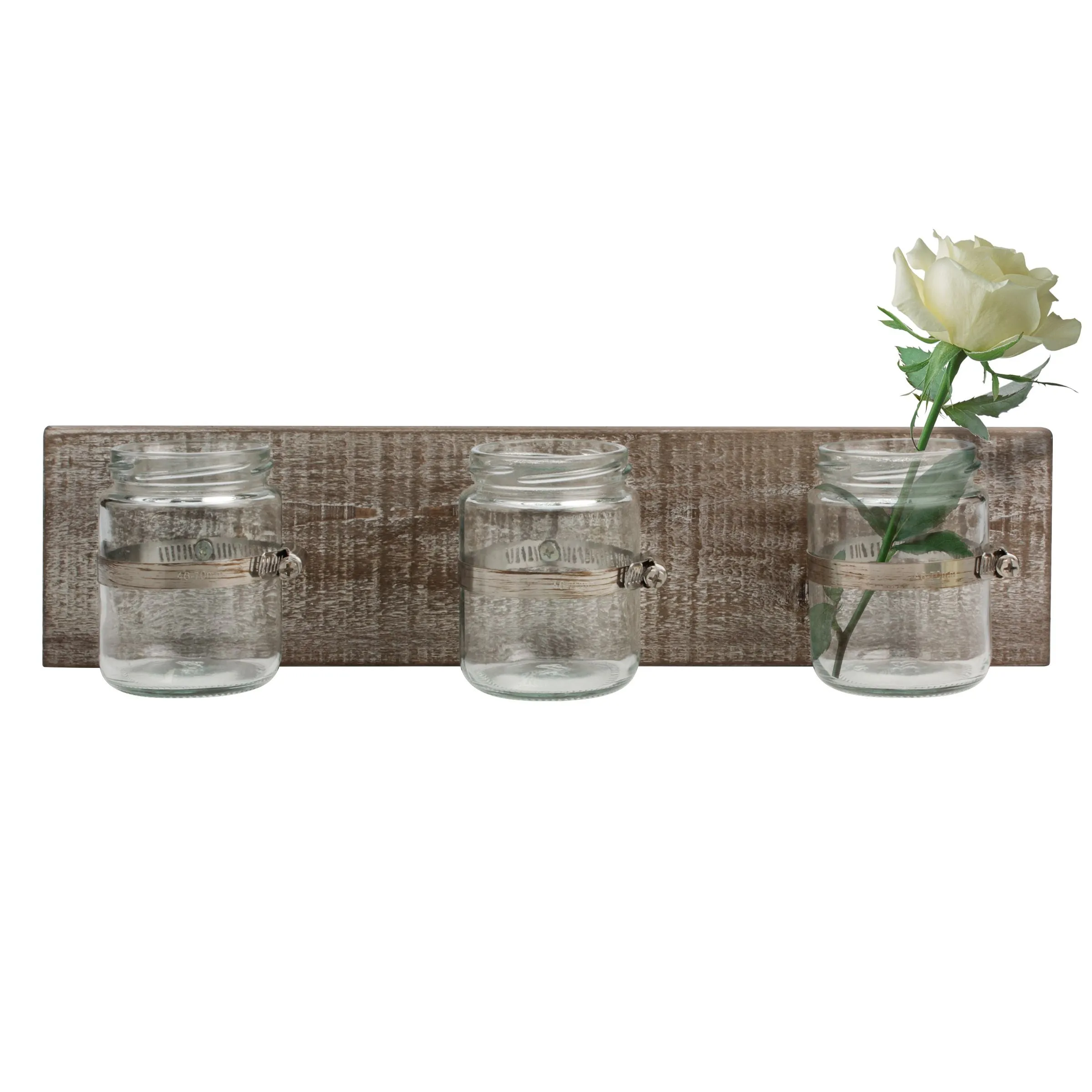 Worn Wood Wall Decor with 3 Glass Containers