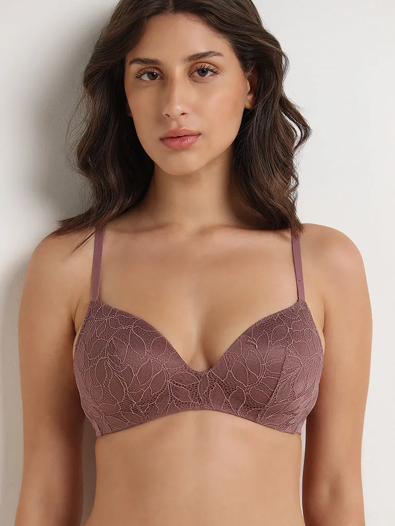 Wunderlove Light Brown Lace Design Padded Bra